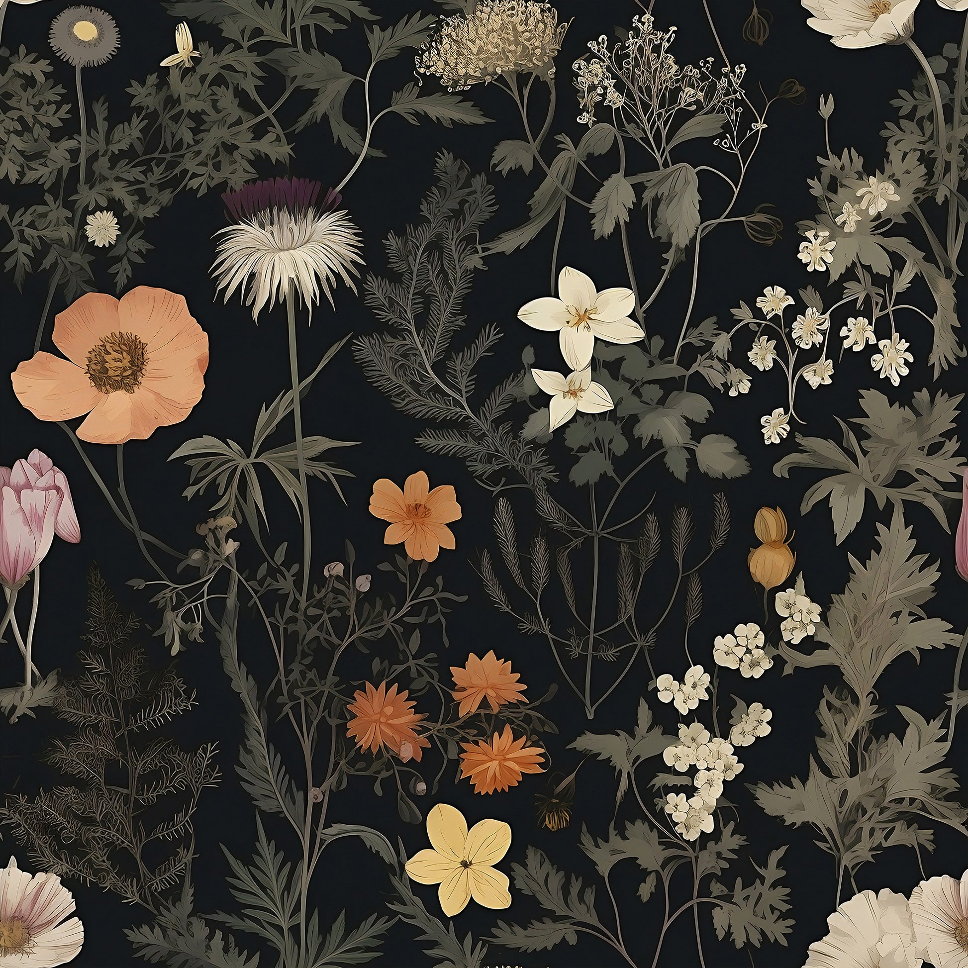 Peel and Stick Botanical Wall Mural - Dark Flower Elegance