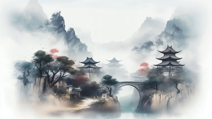 Tranquil Watercolor Asian Landscape