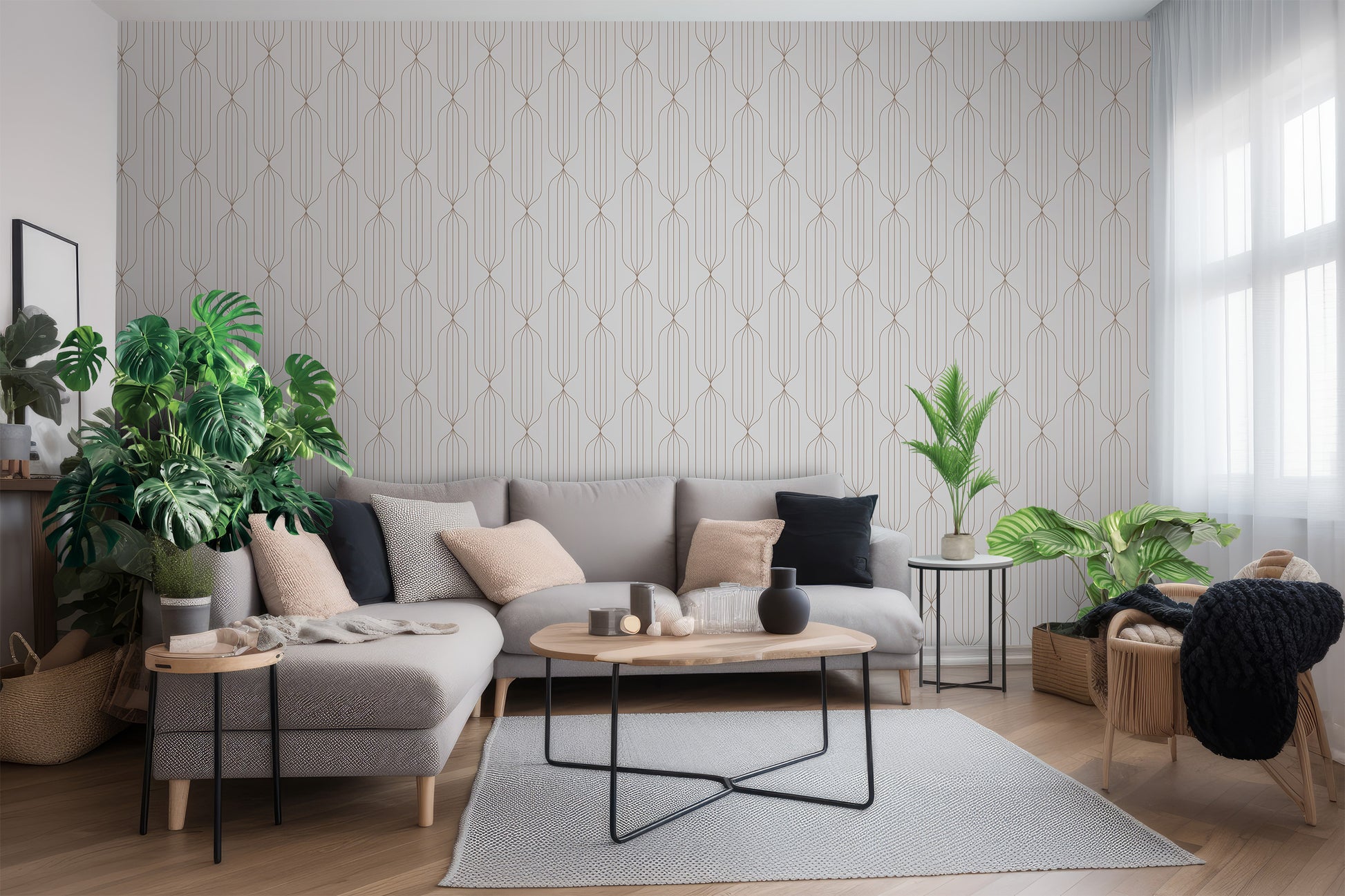 Neutral Beige Temporary Wallpaper with Timeless Art Deco Pattern