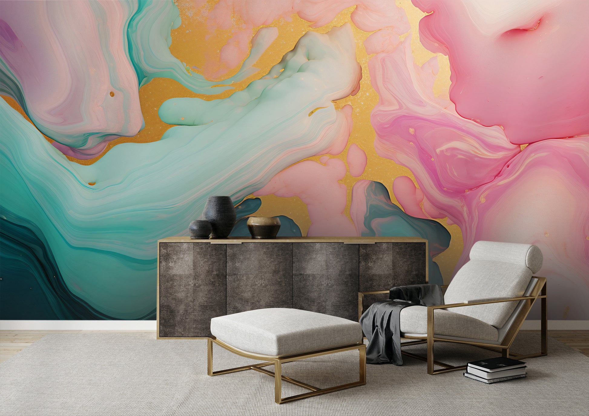 Captivating Pink, Gold, and Green Abstract Wallpaper for Eye-Catching Interiors
