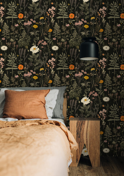 Renter Friendly Dark Wildflower Peel and Stick Wallpaper - Durable and Elegant