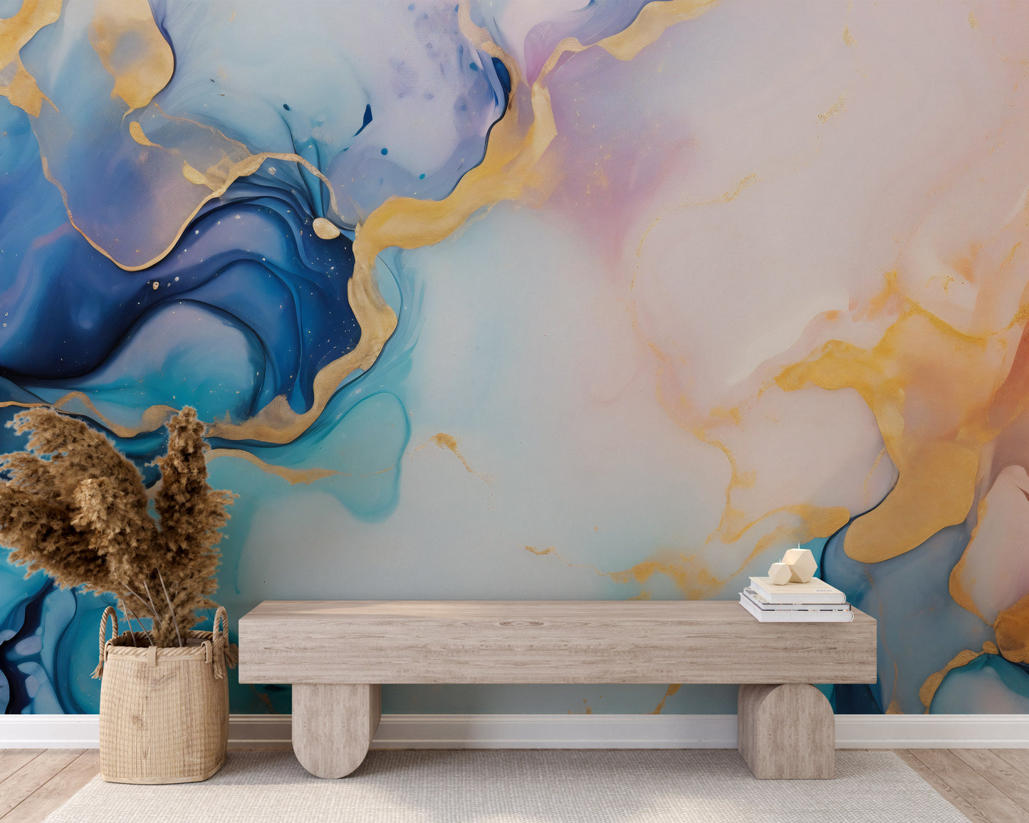 Watercolor Blue and Gold Marble Mural | Alcohol Ink Art Mural | Abstract Liquid | Peel & Stick | Temporary Wallpaper
