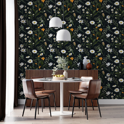 Dark Wildflower Wallpaper | Dark Floral Pattern Wallpaper | Dark Botanic Temporary Wallpaper | Dark Flower Peel and Stick Wallpaper