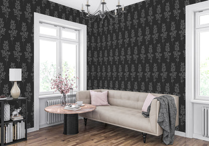 Renter-friendly botanical pattern wallpaper in black