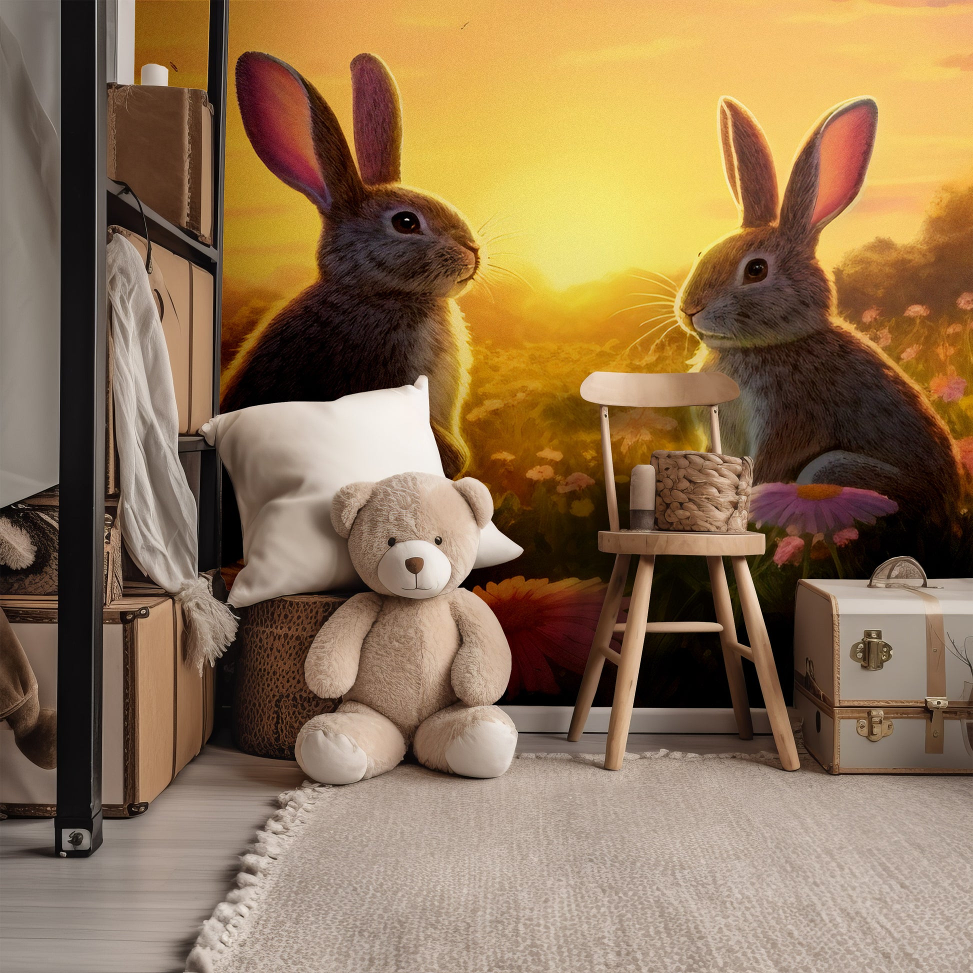 Whimsical bunny pattern peel and stick wallpaper