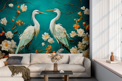 Graceful Storks Mural for a Tranquil and Timeless Atmosphere