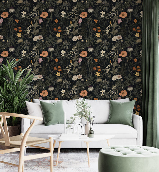 Dark Botanic Wallpaper - Floral Art for Walls - English Garden Vibes