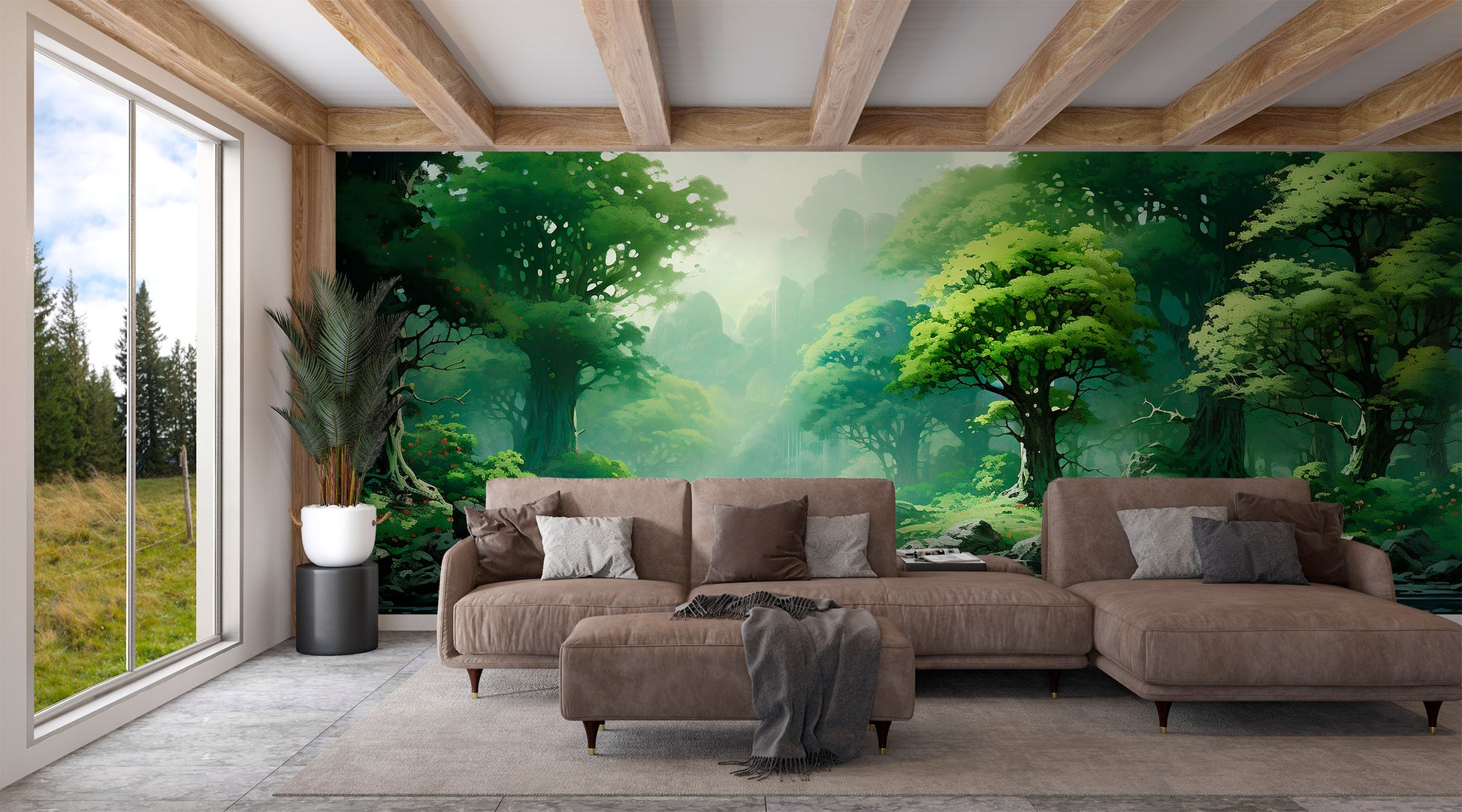 Green Forest Mural with Watercolor Trees Wallpaper