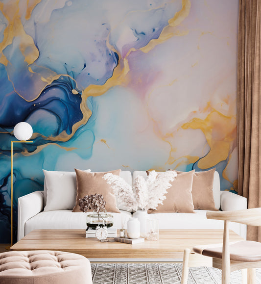 Watercolor Blue and Gold Marble Mural
