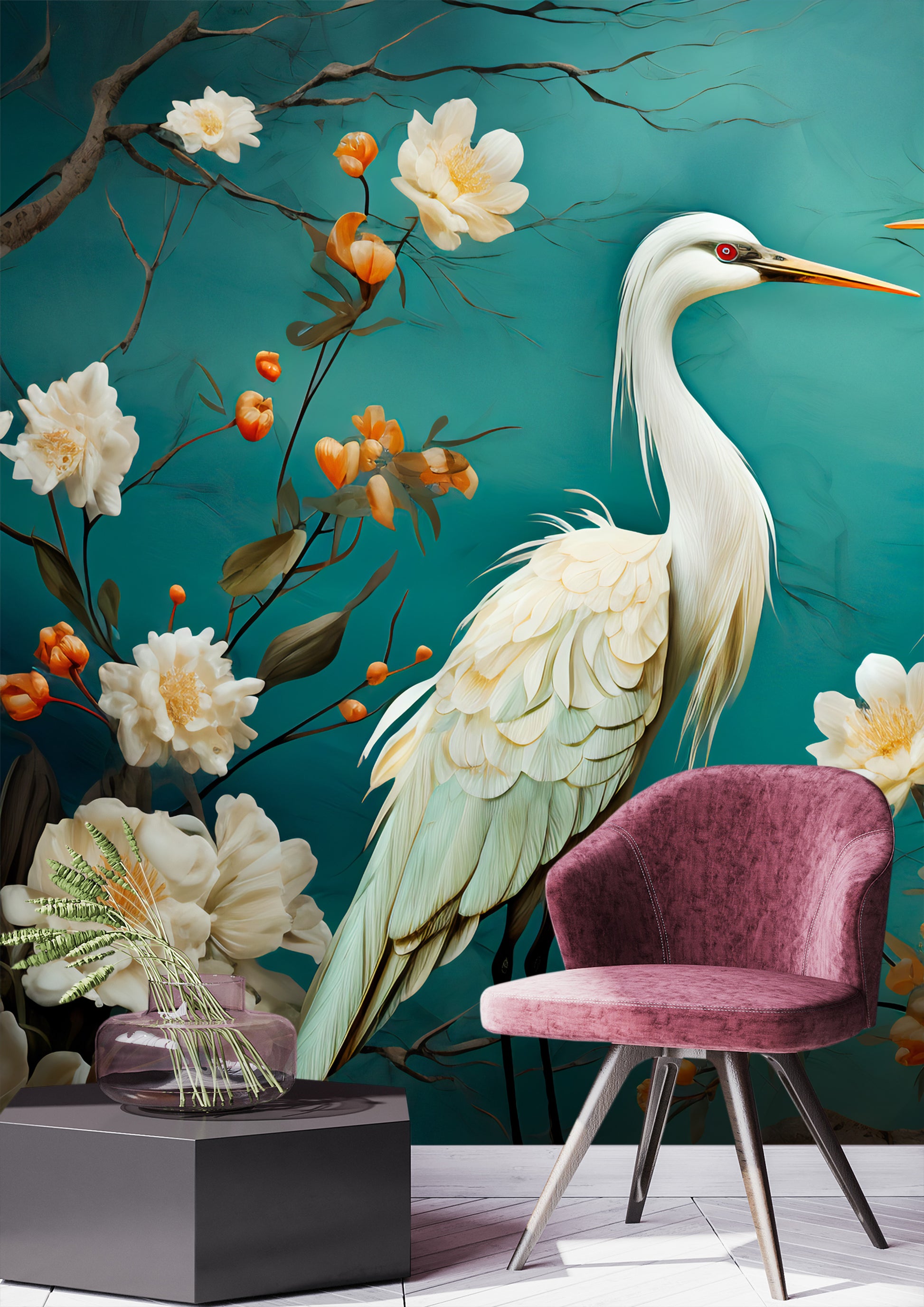 Elegant Birds on Green Peel-and-Stick Vintage Wallpapers