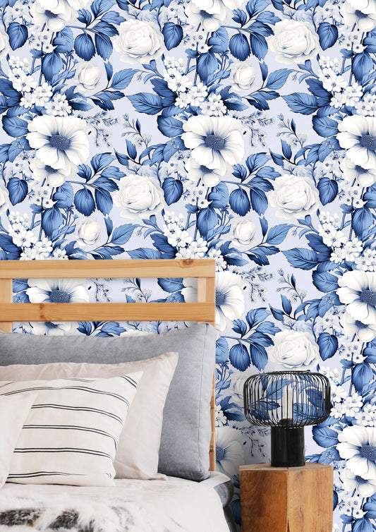Vintage Blue Flowers Peel and Stick Wallpaper