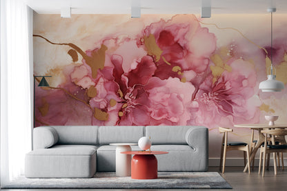 Pink and Gold Watercolor Mural for Easy Installation and Removal