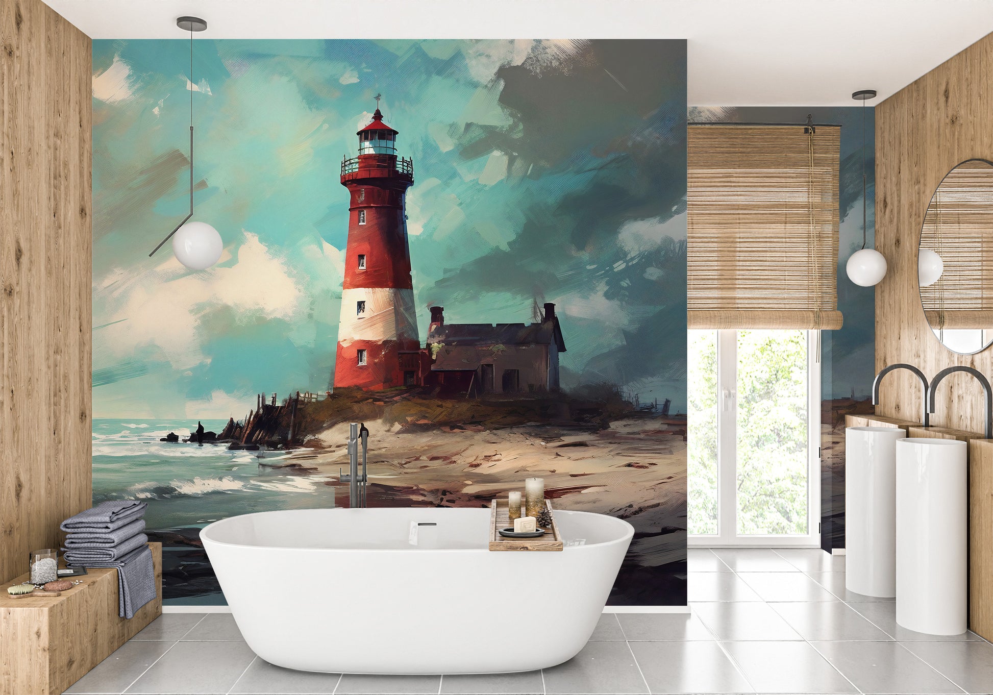 Coastal Peel and Stick Wallpaper with Watercolor Lighthouse Scene