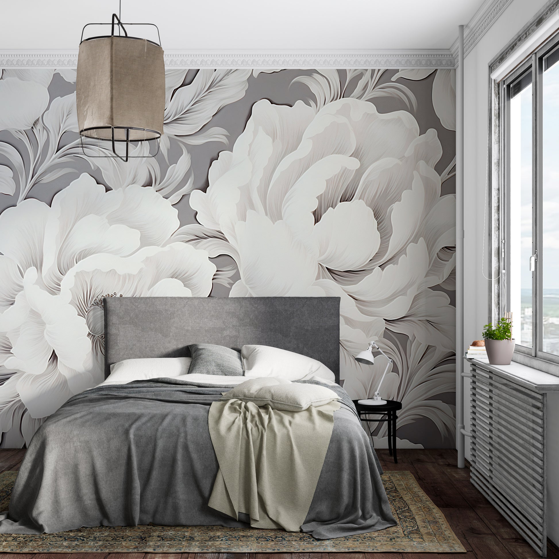 White Peony Wallpaper with Large Floral Design