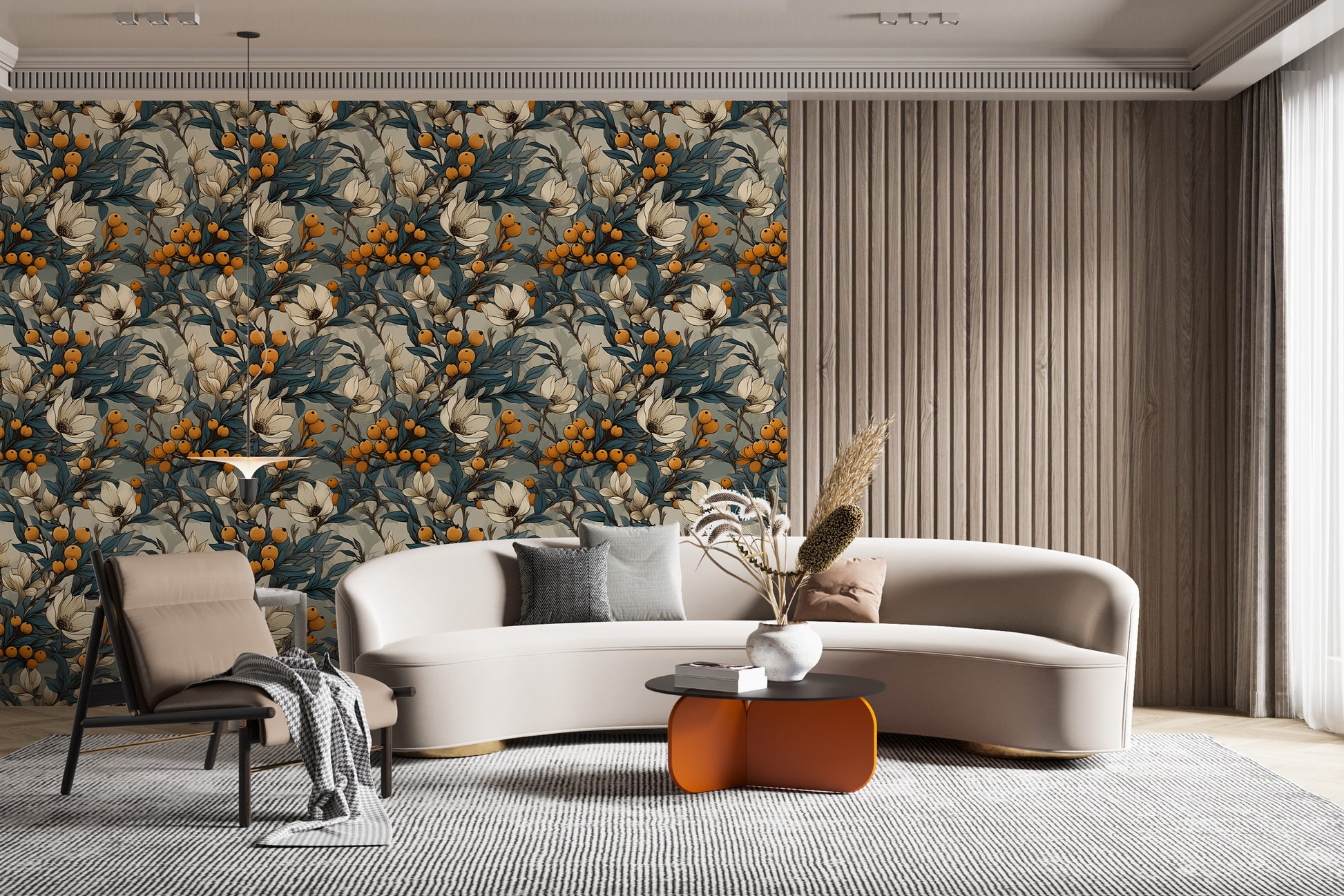 Peelable Sea Buckthorn and Floral Wallpaper
