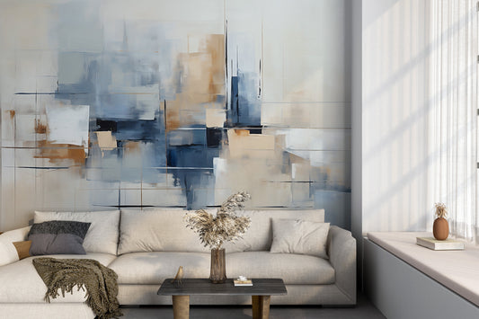 Abstract Blue and Beige Peel and Stick Mural - Layered Translucency