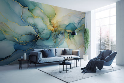 Captivating Blue, Green, and Gold Watercolor Mural