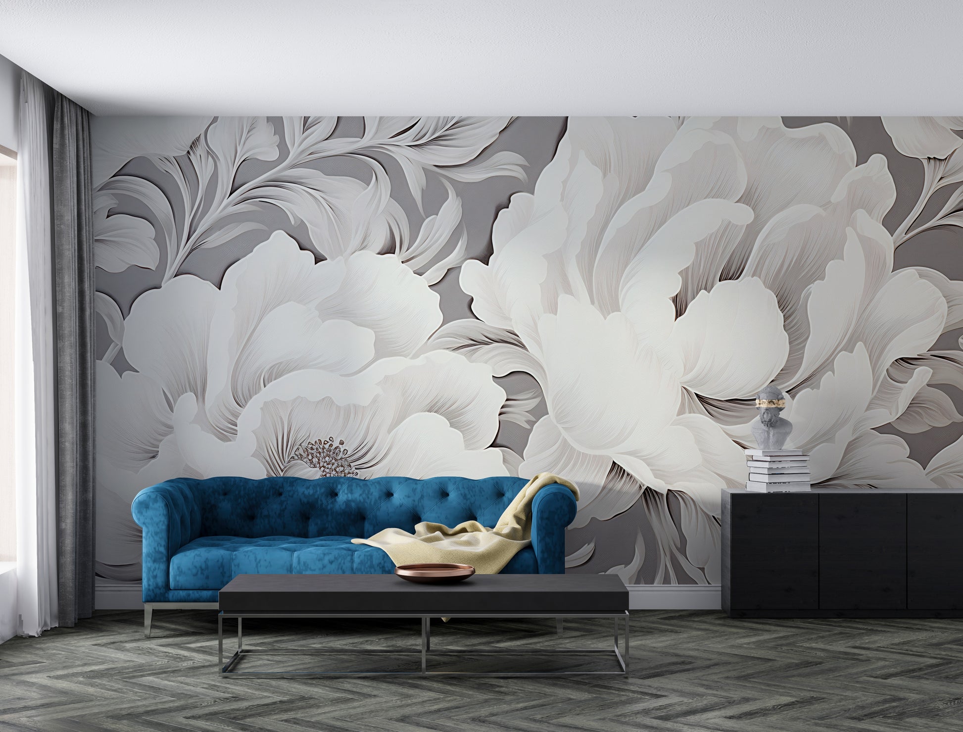 Large Blooms on Grey Background Mural