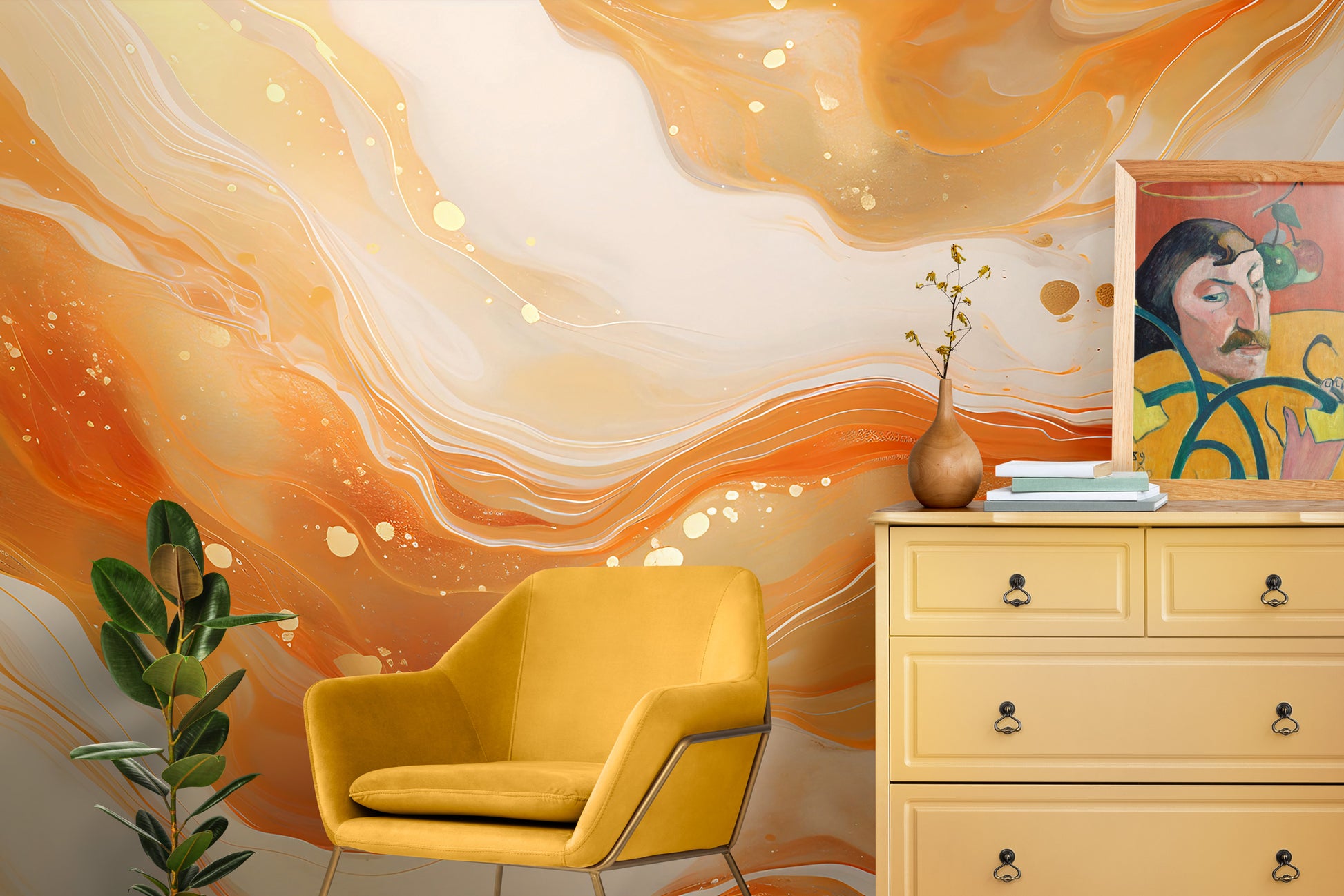 Abstract Orange Gold Marble Mural