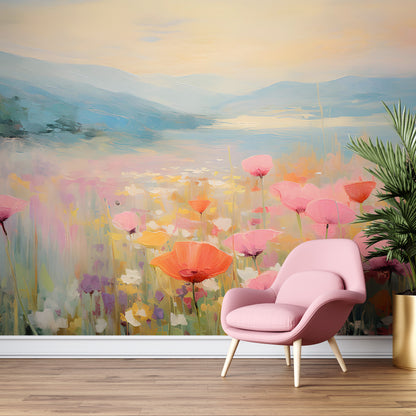 Poppy Field Nature Oil Painting Wallpaper