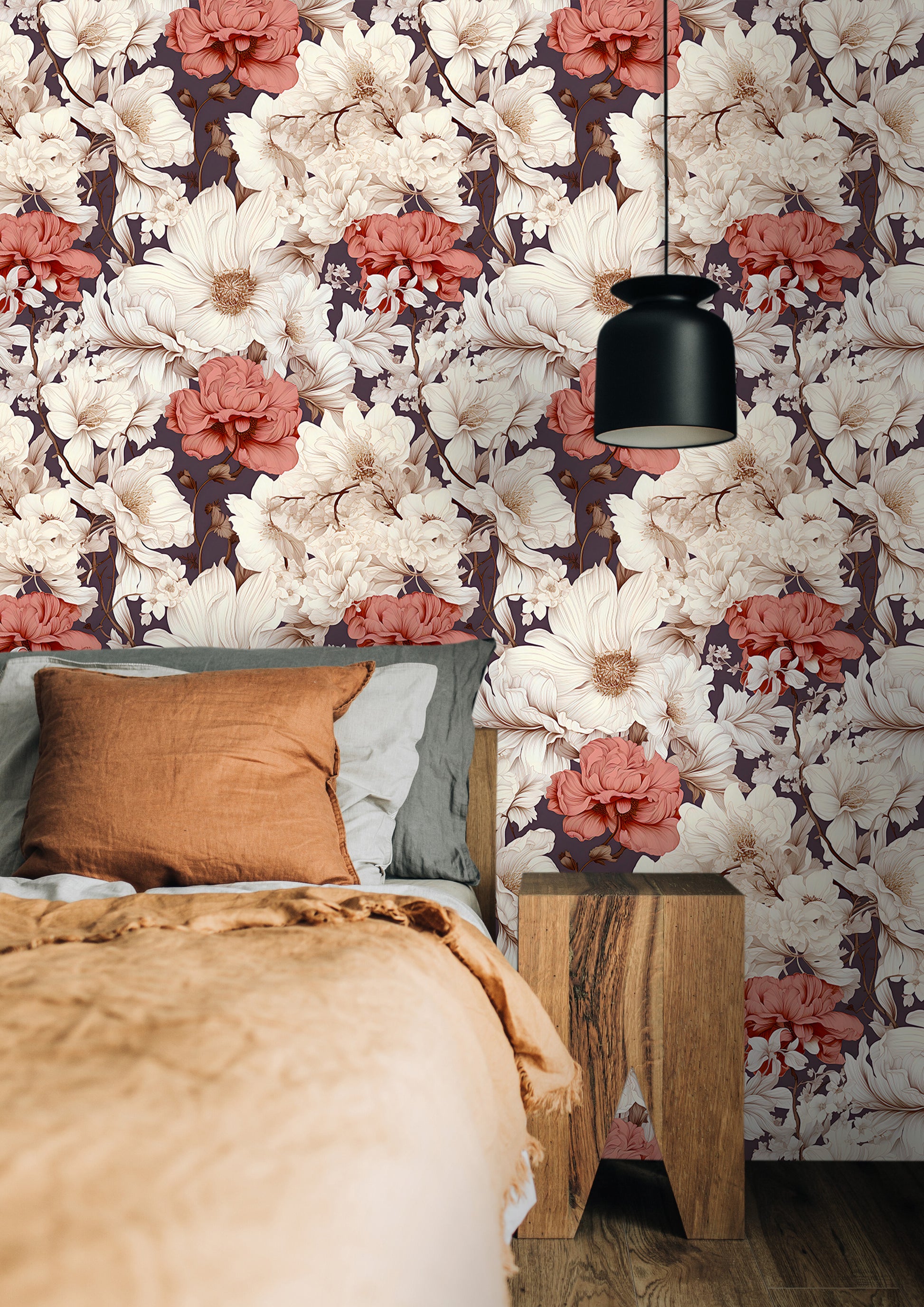 Dark Pink and White Floral Removable Wallpaper