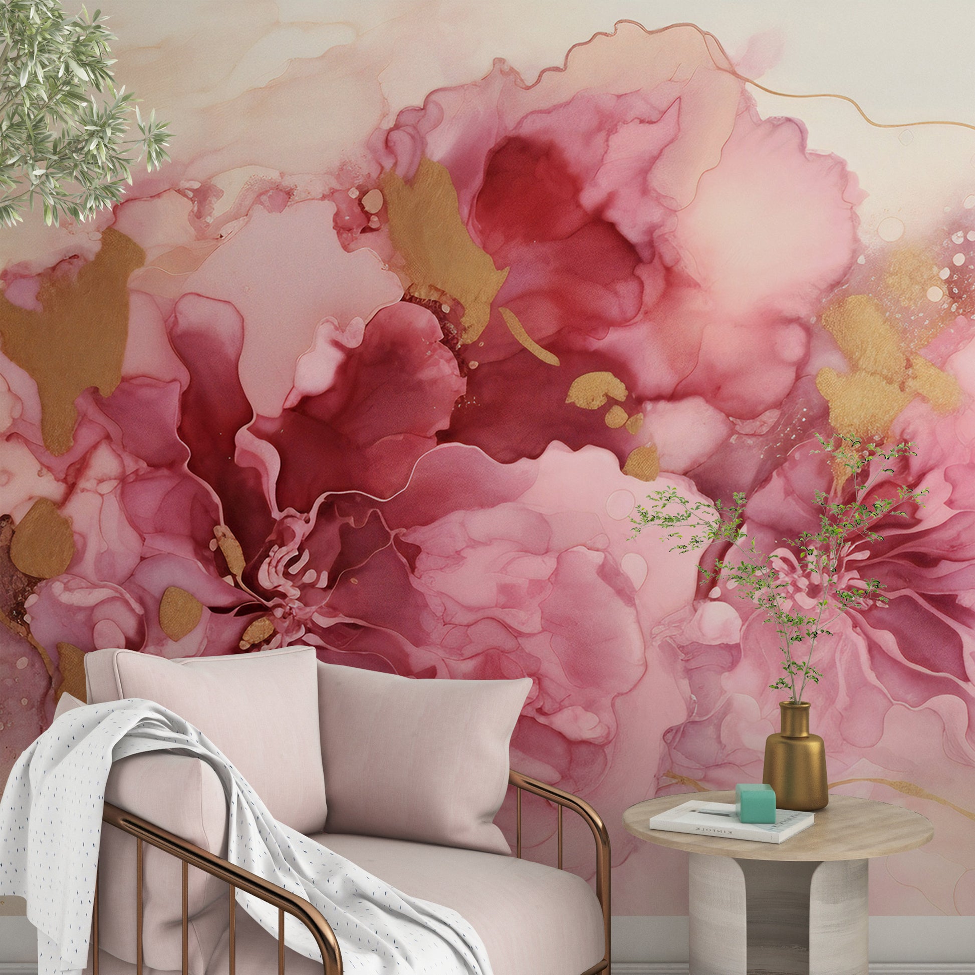 Vibrant Pink and Gold Wallpaper Mural with Fluid Design