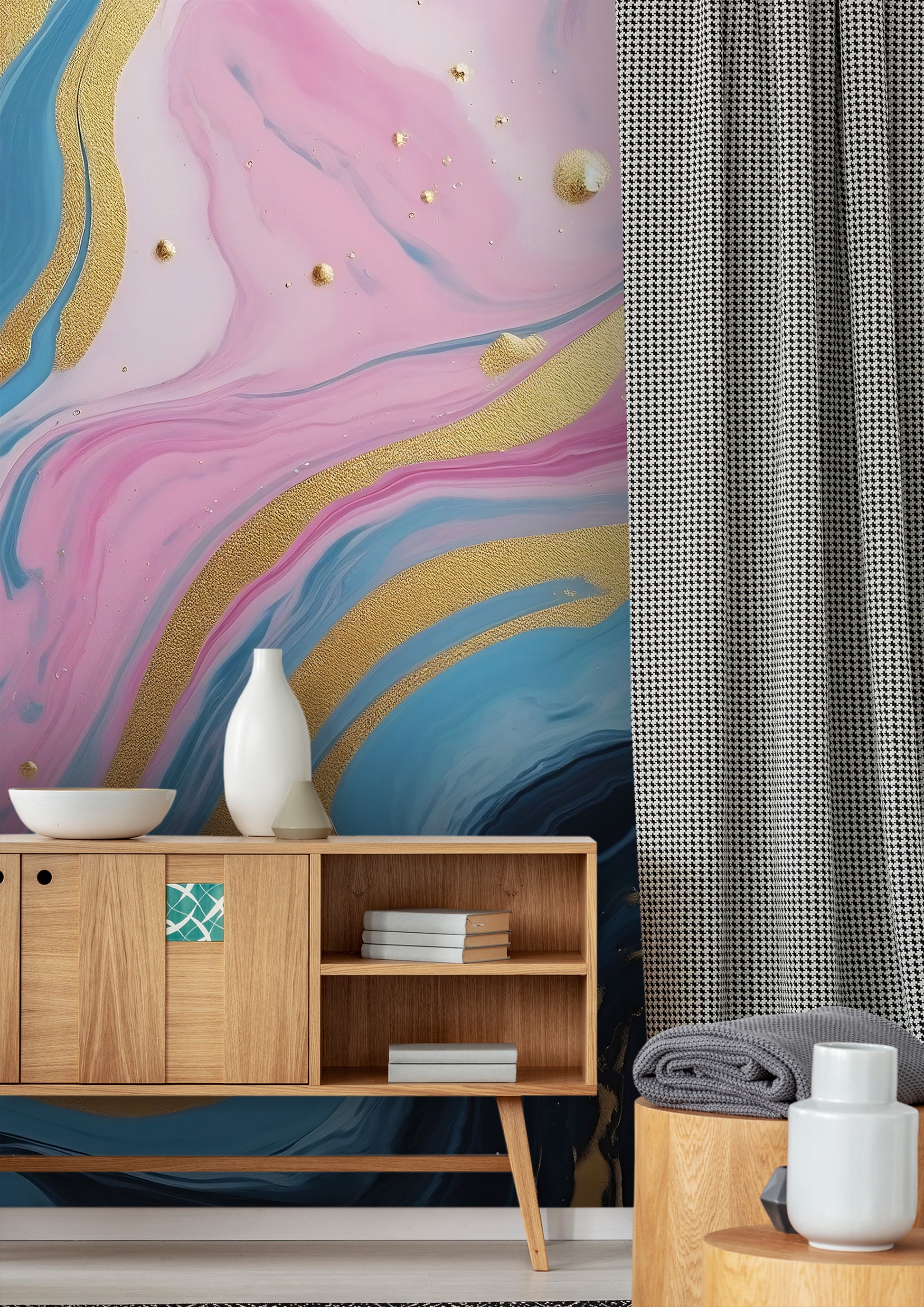 Eye-Catching Wall Decor with Vibrant Blue, Pink, and Gold Color Palette