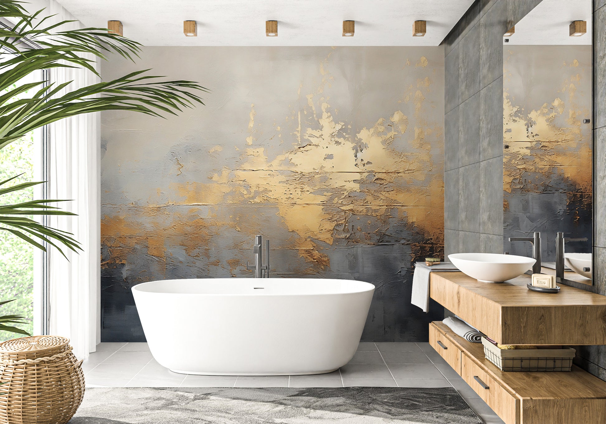 Removable Watercolor Wall Decal - Grey and Gold Abstract Design
