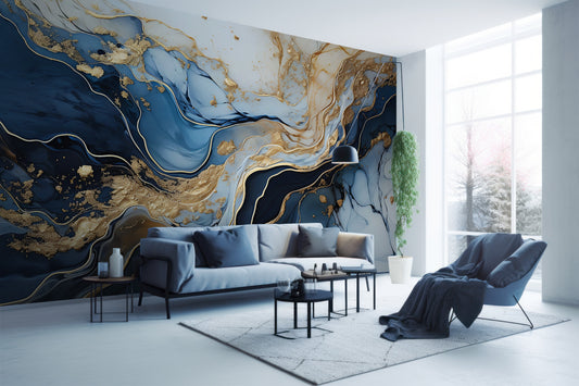 Removable Blue and Gold Wall Decal - Abstract Fluid Design