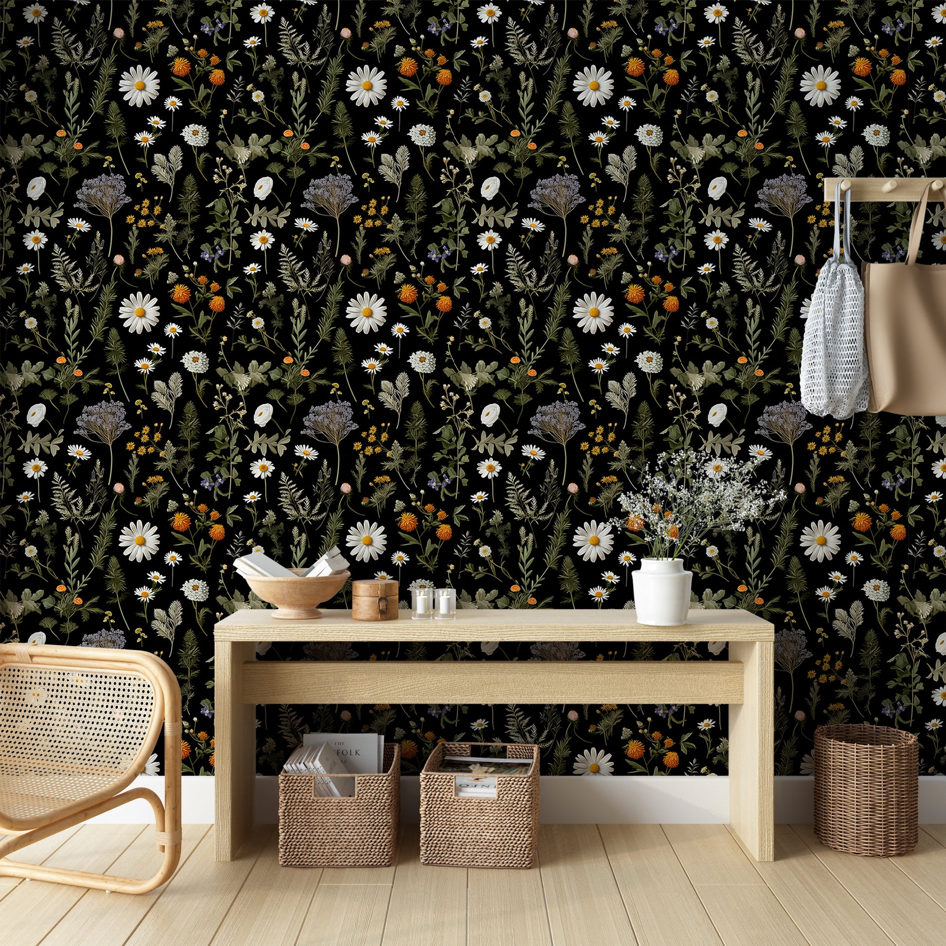 Peel & Stick Dark Botanical Wallpaper Design