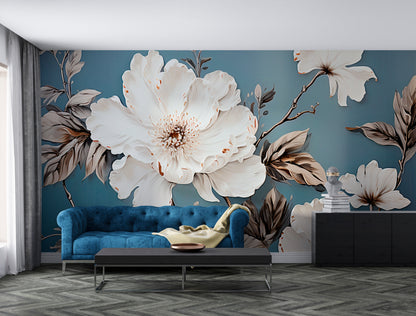 Serene Blue Big Floral Wallpaper