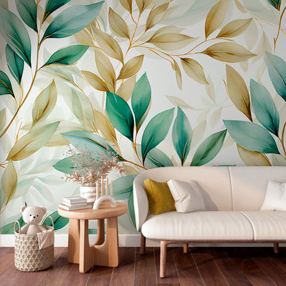 Nature-Inspired Interior with Leaves Wallpaper
