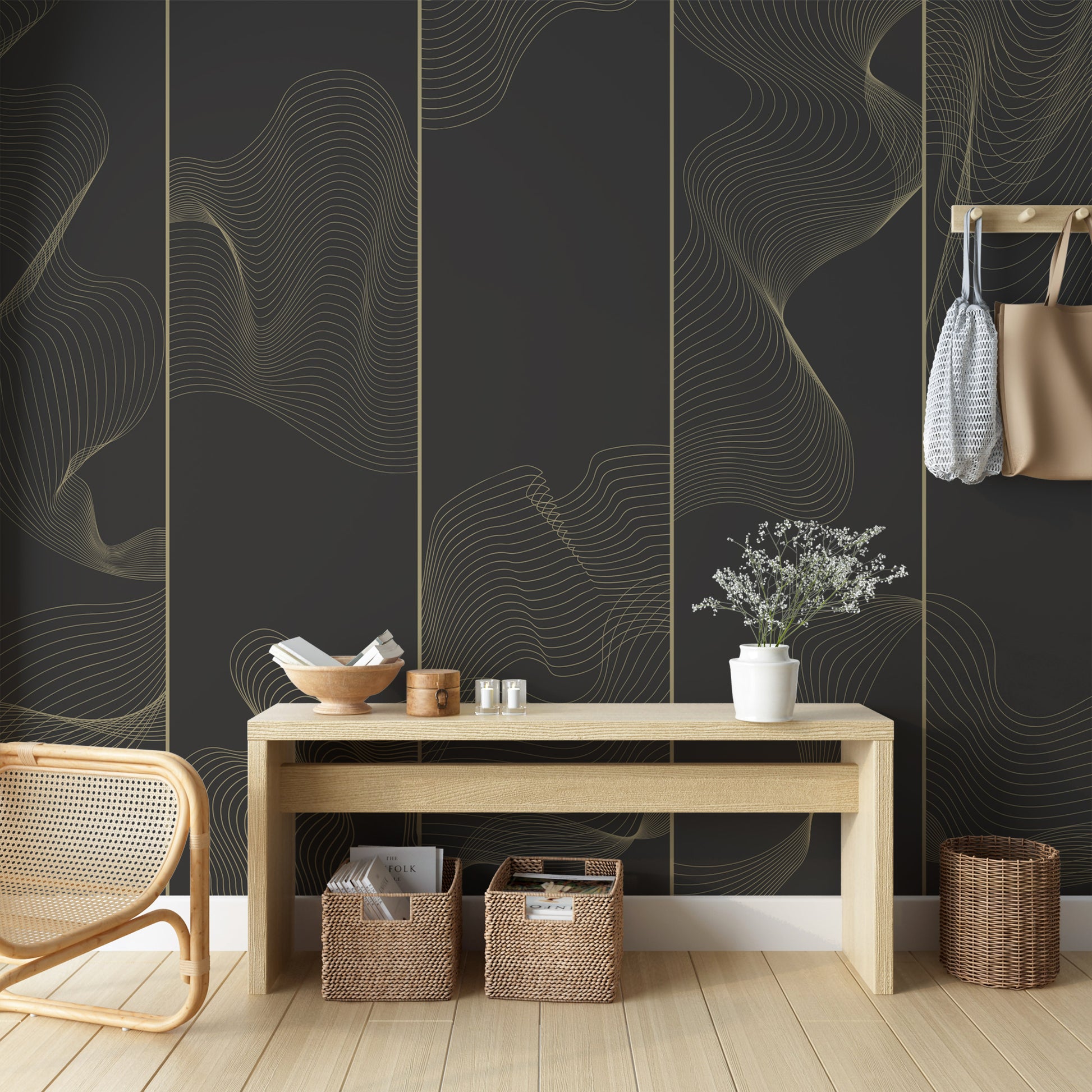 Removable Wall Mural featuring Abstract Gold Lines for Stylish Interior Design