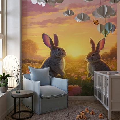 Eco-conscious rabbit pattern wallpaper for a green nursery