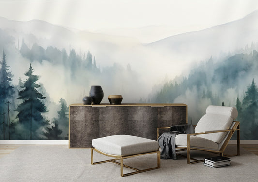 Foggy Forest Wallpaper | Woodland Watercolor Wallpapers by Miami Walls and Decor | Peel & Stick Wallpaper, Removable and Renter Friendly