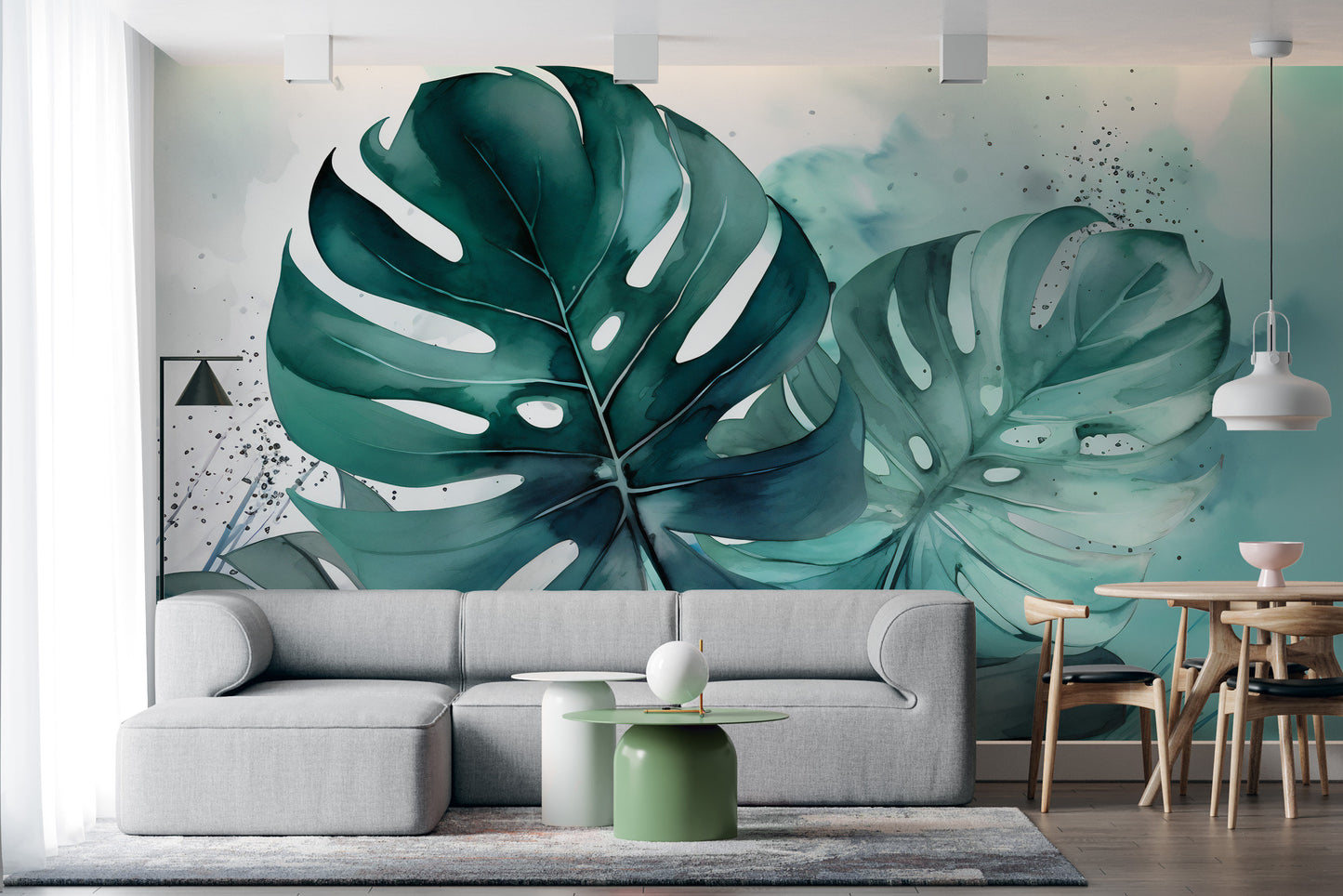 Green Monstera Leaf Peel and Stick Wallpaper | Tropical Watercolor Design by Miami Walls and Decor | Removable, Eco and Renter Friendly