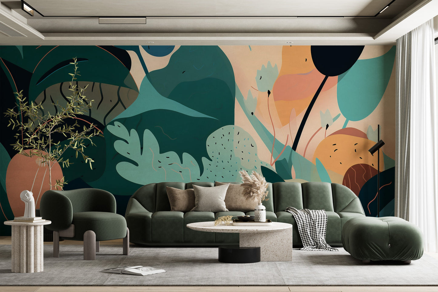 Abstract Wallpaper Mural with Delicate Matisse-Inspired Shapes. Easy-to-Apply Peel and Stick.