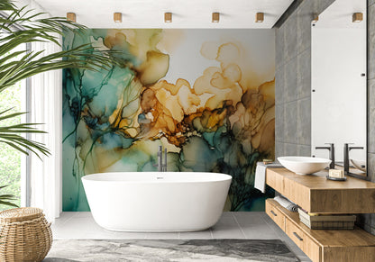 Watercolor Abstract Wallpaper | Alcohol Ink Art | Blue, Gold and Green Pattern, Peel & Stick Wallpaper, Removable and Renter Friendly
