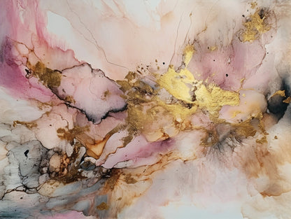 Alcohol Ink Painting Wallpaper | Abstract Watercolor Mural | Pink and Gold Marble, Peel & Stick Wallpaper, Removable Wallpaper Mural