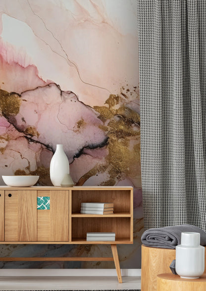 Alcohol Ink Painting Wallpaper | Abstract Watercolor Mural | Pink and Gold Marble, Peel & Stick Wallpaper, Removable Wallpaper Mural