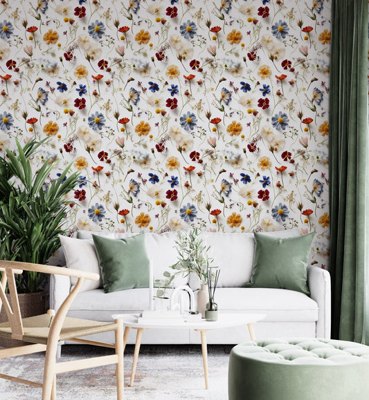 Pressed Floral Wallpaper | White Floral Removable Wallpaper | Botanic Flower Wallpaper | Peel and Stick Wildflower Wallpaper, Self Adhesive