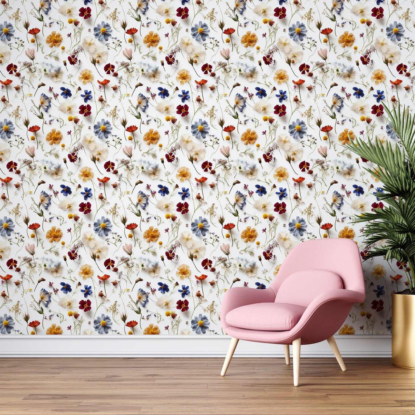 Pressed Floral Wallpaper | White Floral Removable Wallpaper | Botanic Flower Wallpaper | Peel and Stick Wildflower Wallpaper, Self Adhesive