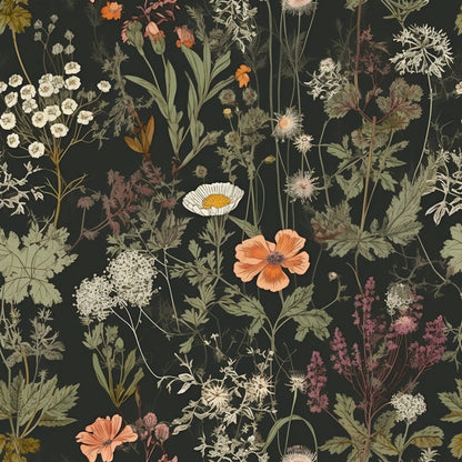 Dark Wildflower Botanic Wallpaper | Dark Floral Pattern Wallpaper | Dark Botanic Removable Wallpaper | Dark Flower Peel and Stick Wallpaper