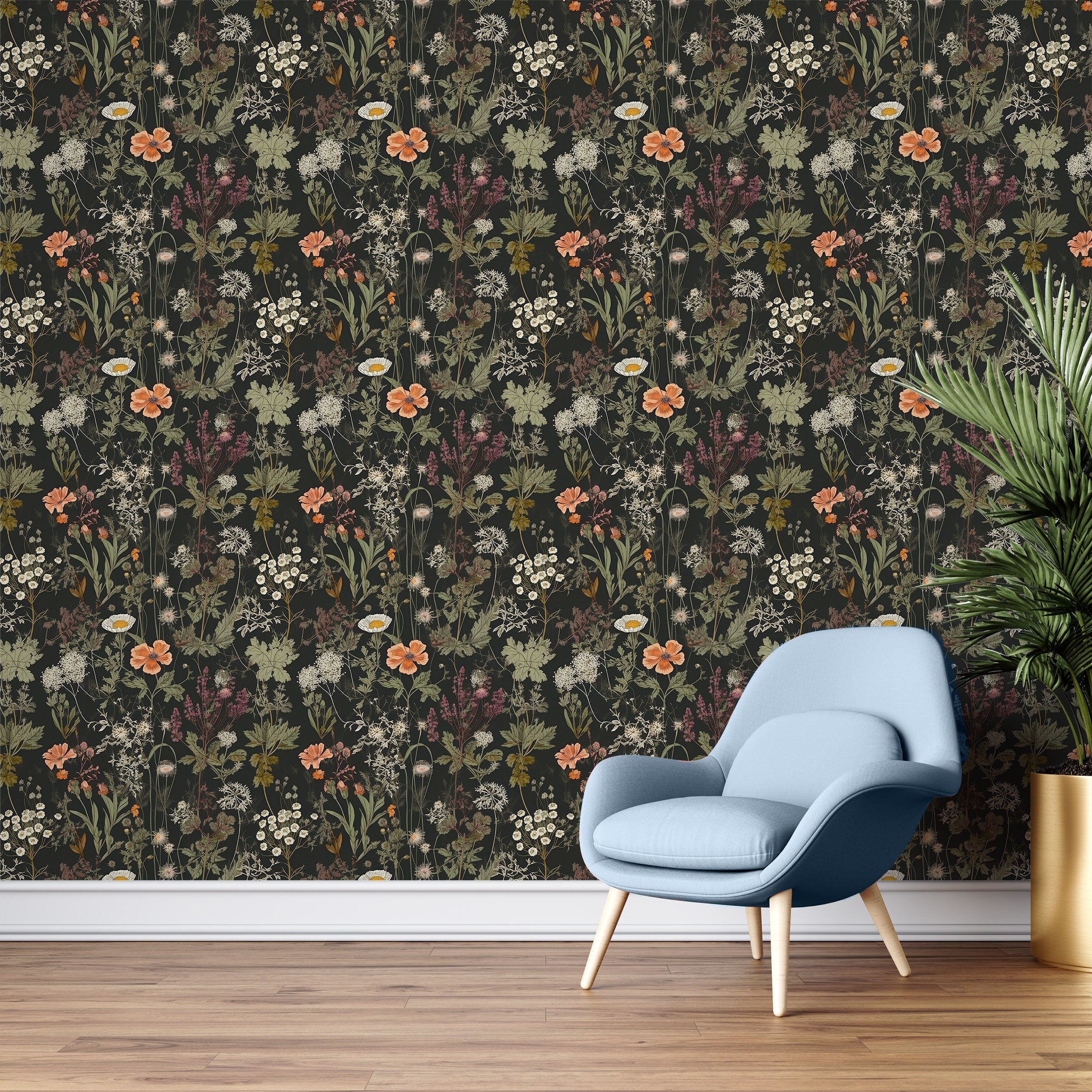 Dark Wildflower Botanic Wallpaper | Removable | Peel & Stick Wallpaper ...