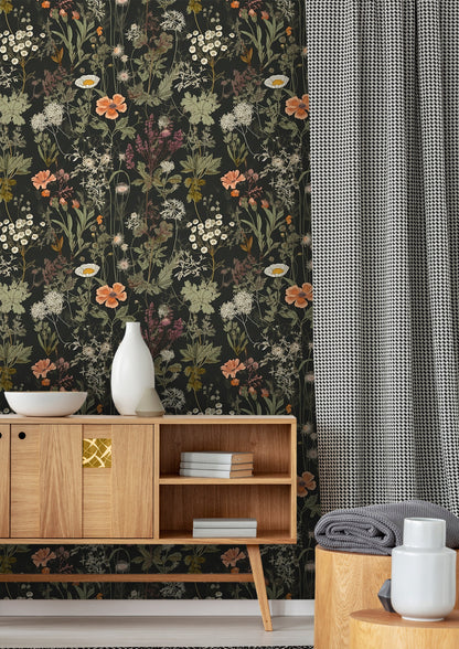 Dark Wildflower Botanic Wallpaper | Dark Floral Pattern Wallpaper | Dark Botanic Removable Wallpaper | Dark Flower Peel and Stick Wallpaper