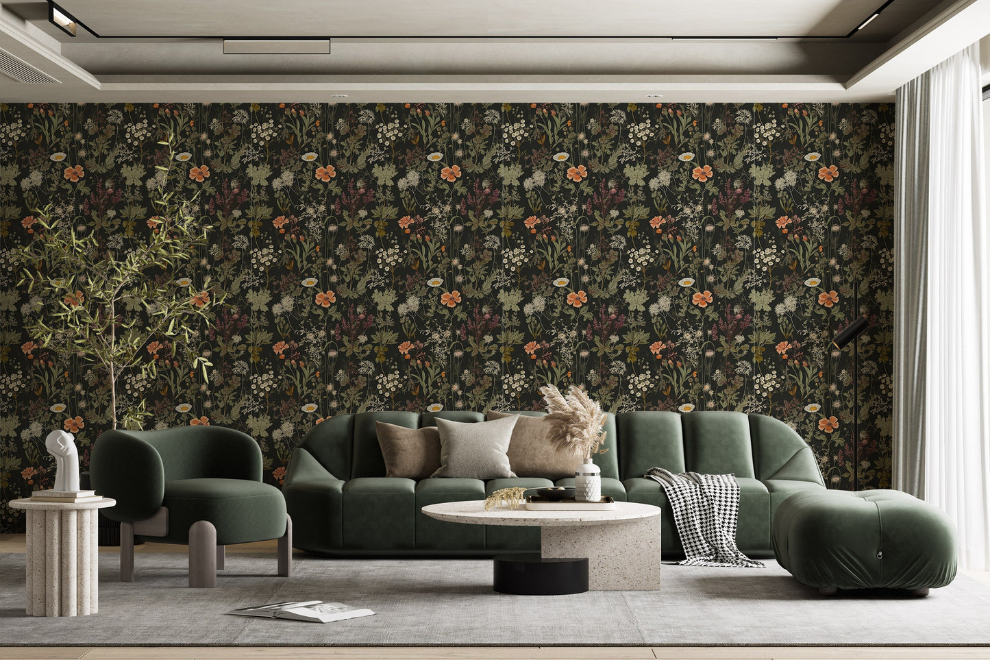 Dark Wildflower Botanic Wallpaper | Dark Floral Pattern Wallpaper | Dark Botanic Removable Wallpaper | Dark Flower Peel and Stick Wallpaper