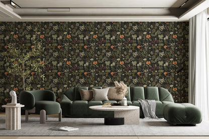Dark Wildflower Botanic Wallpaper | Dark Floral Pattern Wallpaper | Dark Botanic Removable Wallpaper | Dark Flower Peel and Stick Wallpaper