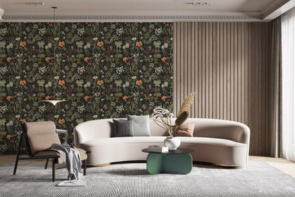 Dark Wildflower Botanic Wallpaper | Dark Floral Pattern Wallpaper | Dark Botanic Removable Wallpaper | Dark Flower Peel and Stick Wallpaper