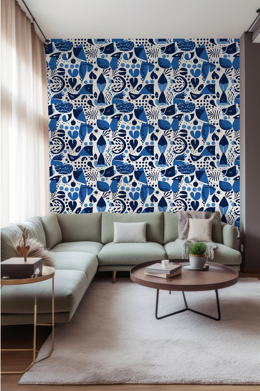 Abstract Shapes Wallpaper | Blue Abstract Pattern Wallpaper | Blue Cuts Out by Matisse | Abstract Shapes Removable Wallpaper | Peel & Stick