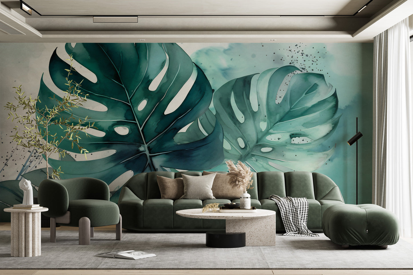 Green Monstera Leaf Peel and Stick Wallpaper | Tropical Watercolor Design by Miami Walls and Decor | Removable, Eco and Renter Friendly